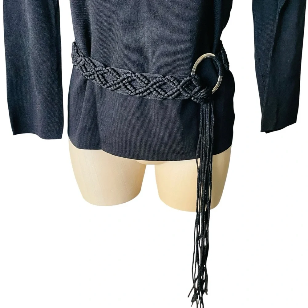 CABLE & GAUGE Knit Top Vintage V-Neck 3/4 Sleeves Attached Braided Belt Medium
